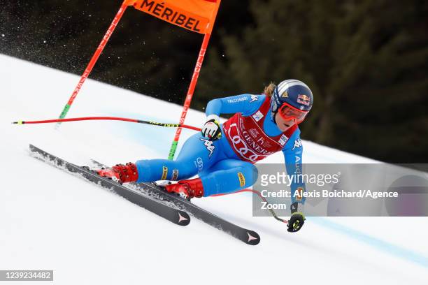 Sofia Goggia of Team Italy competes during the Audi FIS Alpine Ski World Cup Women's Downhill on March 16, 2022 in Courchevel, France.
