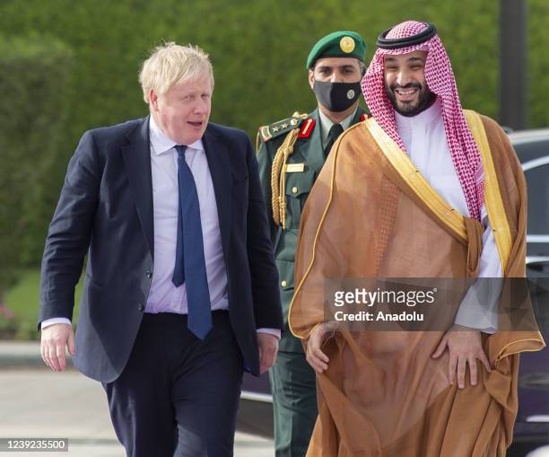 British Prime Minister, Boris Johnson is welcomed by Crown Prince of Saudi Arabia, Mohammed bin Salman at Palace of Yamamah in Riyadh, Saudi Arabia...