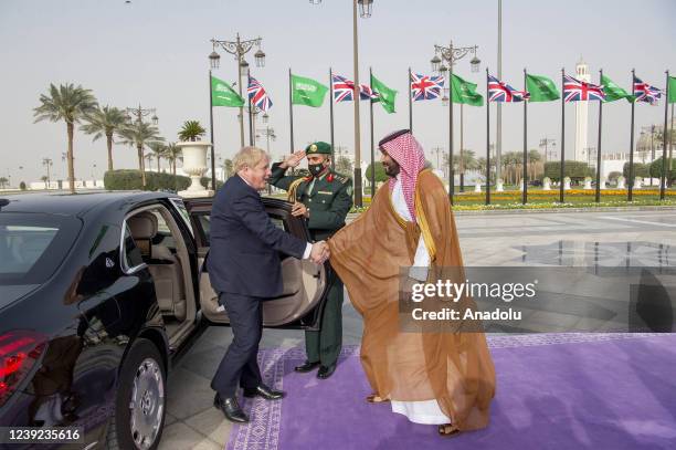 British Prime Minister, Boris Johnson is welcomed by Crown Prince of Saudi Arabia, Mohammed bin Salman at Palace of Yamamah in Riyadh, Saudi Arabia...