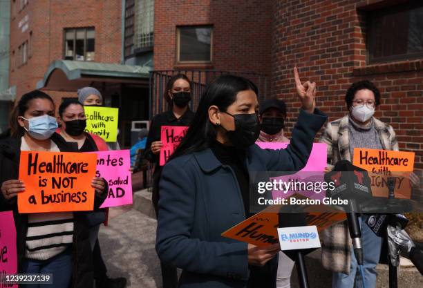 Patricia Montes, Executive Director of Centro Presente spoke during a press conference announcing a lawsuit against East Boston Neighborhood Health...