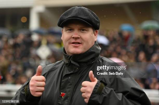 Gloucestershire , United Kingdom - 16 March 2022; Trainer Gordon Elliott celebrates after sending out Delta Work to win the Glenfarclas Cross Country...