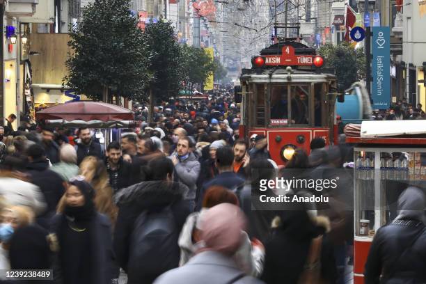 Nostalgic tramway is seen at Istiklal Avenue in Istanbul, Turkiye on March 16, 2022.