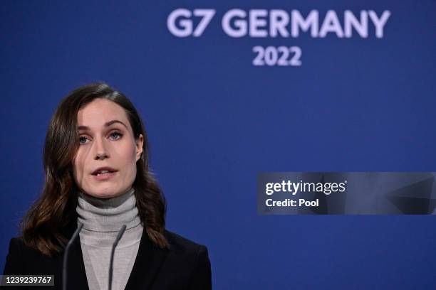 Finland's Prime Minister Sanna Marin addresses a press conference with German Chancellor Olaf Scholz before talks at the Chancellery on March 16,...