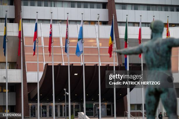 This photograph, taken on March 16, 2022 shows an empty flag pole in front of the Council of Europe, in Strasbourg, eastern France, after the russian...