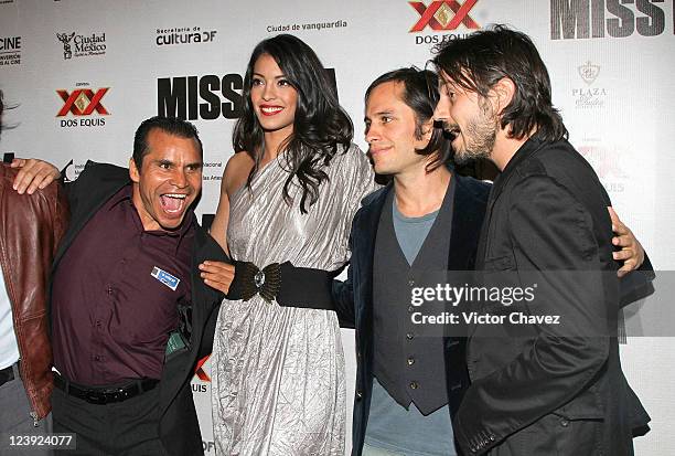 Actors Noe Hernandez, Stephanie Sigman, Gael Garcia Bernal and Diego Luna attend the "Miss Bala" Mexico City premiere at Teatro de La Ciudad on...