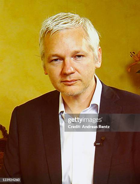 Wikileaks founder Julian Assange speaks to participants at the IFA 2011 Media Week via a live satellite broadcast on September 6, 2011 in Berlin,...