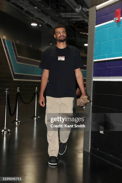 Timothe Luwawu-Cabarrot of the Atlanta Hawks arrives to the arena before the game against the Charlotte Hornets on March 16, 2022 at Spectrum Center...