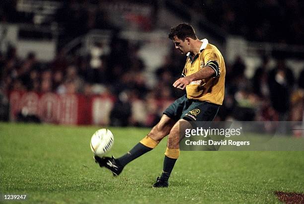 Nathan Spooner of Australia kicks during the first test match between Australia and Ireland, played at Ballymore in Brisbane, Australia. Australia...