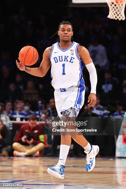 Duke Blue Devils guard Trevor Keels dribbles upcourt during the first half of the ACC Tournament final college basketball game between the Duke Blue...