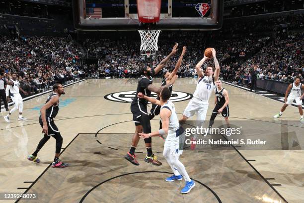 Luka Doncic of the Dallas Mavericks shoots the ball during the game against the Brooklyn Nets on March 16, 2022 at Barclays Center in Brooklyn, New...