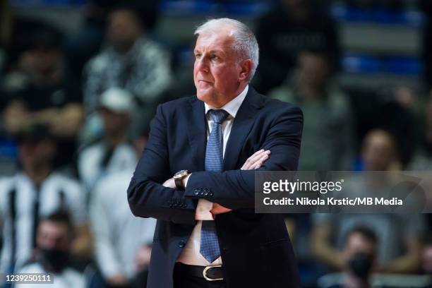 Head Coach Zeljko Obradovic of Partizan Nis Belgrade reacts during the EuroCup Basketball match between Partizan Nis Belgrade v Boulogne...