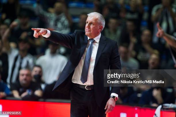 Head Coach Zeljko Obradovic of Partizan Nis Belgrade gestures during the EuroCup Basketball match between Partizan Nis Belgrade v Boulogne...