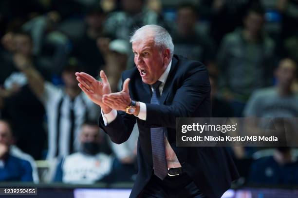 Head Coach Zeljko Obradovic of Partizan Nis Belgrade reacts during the EuroCup Basketball match between Partizan Nis Belgrade v Boulogne...