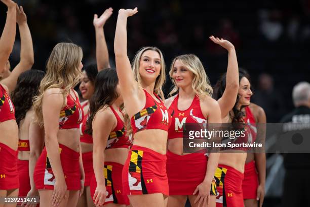 The Maryland Terrapins cheerleaders perform on the court during the mens Big Ten tournament college basketball game between the Maryland Terrapins...