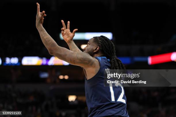 Taurean Prince of the Minnesota Timberwolves celebrates making a three-point shot against the Los Angeles Lakers in the fourth quarter at Target...