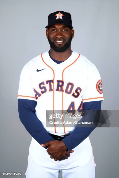 Yordan Alvarez of the Houston Astros poses for a photo during the Houston Astros Photo Day at The Ballpark of the Palm Beaches complex on Wednesday,...