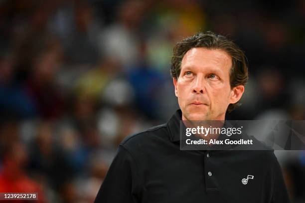 Utah Jazz head coach Quin Snyder looks on during the first half of a game against the Chicago Bulls at Vivint Smart Home Arena on March 16, 2022 in...