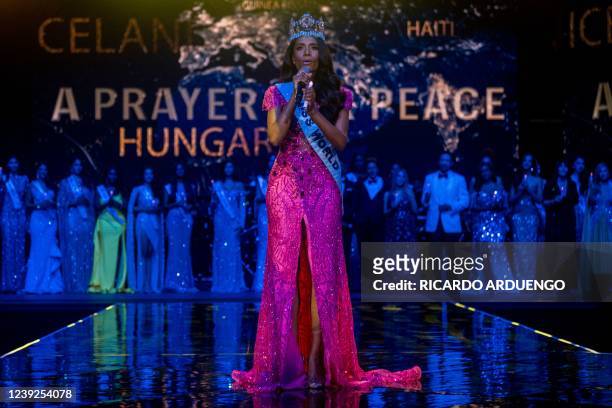 Miss World 2019 Toni-Ann Singh sings during the 70th Miss World beauty pageant at the Coca-Cola Music Hall in San Juan, Puerto Rico on March 16, 2022.