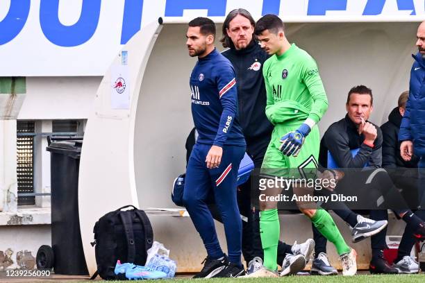 Lucas LAVALLEE of PSG looks injured during the Quarter Final UEFA Youth League match between Paris Saint Germain and FC Red Bull Salzburg at Camp des...