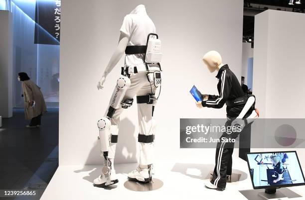 General view of the wearble cyborg HAL displayed during the press preview for 'You And Robots - What Is It To Be Human?' at National Museum of...