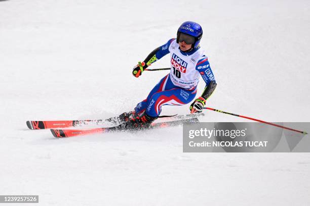 France's Tessa Worley reacts after crossing the finishing line the Women's Super-G of the FIS Alpine Ski World Cup finals 2021/2022 in Courchevel,...