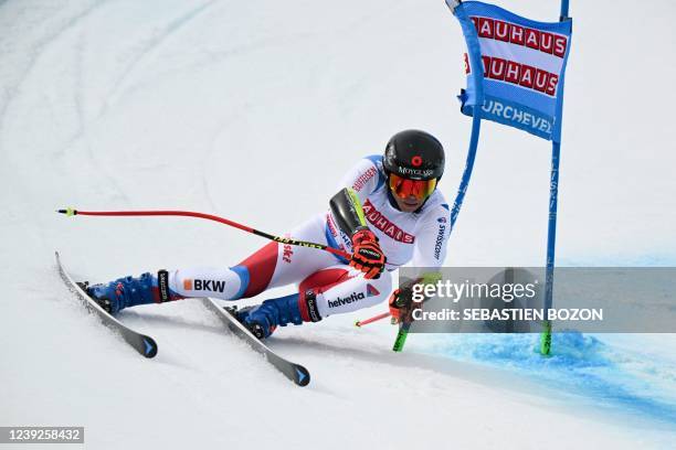 Switzerland's Gino Caviezel competes during the Men's Super-G of the FIS Alpine Ski World Cup finals 2021/2022 in Courchevel, French Alps, on March...