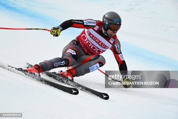 Norway's Aleksander Aamodt Kilde competes during the Men's Super-G of the FIS Alpine Ski World Cup finals 2021/2022 in Courchevel, French Alps, on...