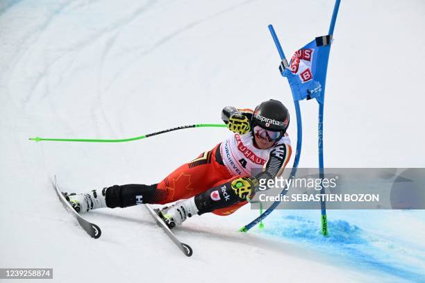 Canada's Broderick Thompson competes during the Men's Super-G of the FIS Alpine Ski World Cup finals 2021/2022 in Courchevel, French Alps, on March...