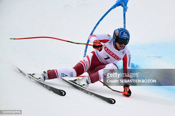 Austria's Matthias Mayer competes during the Men's Super-G of the FIS Alpine Ski World Cup finals 2021/2022 in Courchevel, French Alps, on March 17,...