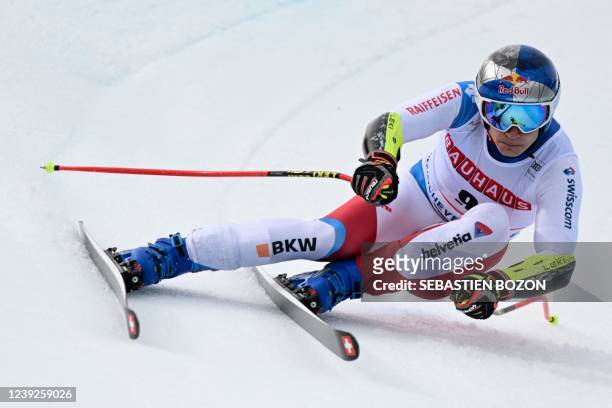 Switzerland's Marco Odermatt competes during the Men's Super-G of the FIS Alpine Ski World Cup finals 2021/2022 in Courchevel, French Alps, on March...