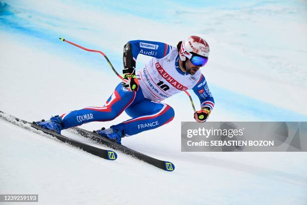 France's Matthieu Bailet competes during the Men's Super-G of the FIS Alpine Ski World Cup finals 2021/2022 in Courchevel, French Alps, on March 17,...