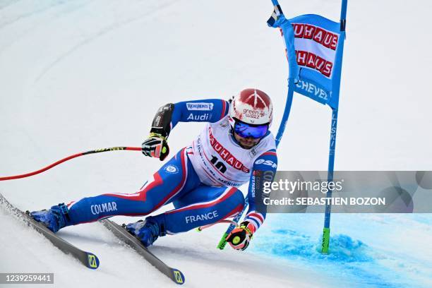 France's Matthieu Bailet competes during the Men's Super-G of the FIS Alpine Ski World Cup finals 2021/2022 in Courchevel, French Alps, on March 17,...