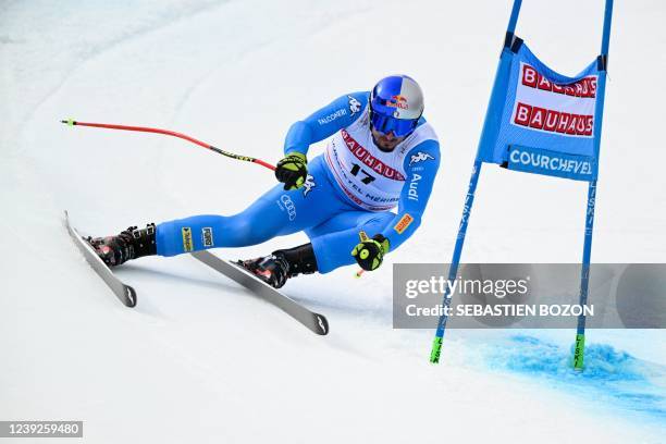 Italy's Dominik Paris competes during the Men's Super-G of the FIS Alpine Ski World Cup finals 2021/2022 in Courchevel, French Alps, on March 17,...