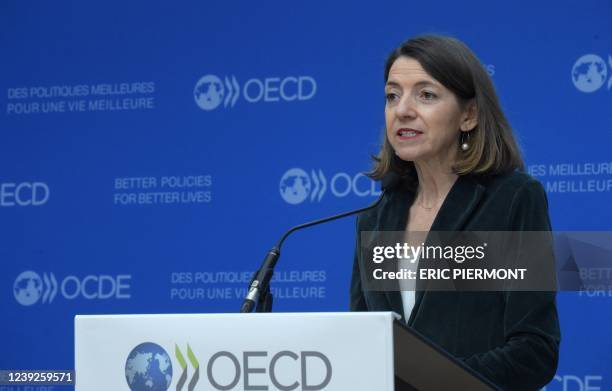 Chief Economist Laurence Boone speaks during a press conference about the impacts and policy implications of the war in Ukraine at the OECD...