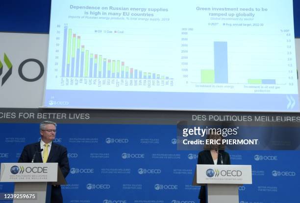 Secretary General Mathias Cormann and OECD Chief Economist Laurence Boone give a press conference about the impacts and policy implications of the...