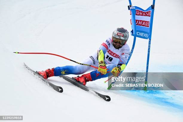 Travis Ganong competes during the Men's Super-G of the FIS Alpine Ski World Cup finals 2021/2022 in Courchevel, French Alps, on March 17, 2022.