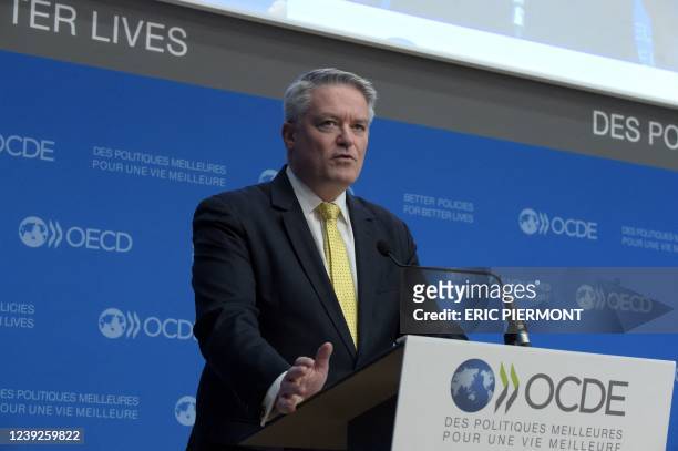 Secretary General Mathias Cormann talks during a press conference about the impacts and policy implications of the war in Ukraine at the OECD...