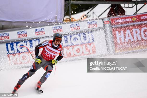 Norway's Aleksander Aamodt Kilde reacts after crossing the finishing line the Men's Super-G of the FIS Alpine Ski World Cup finals 2021/2022 in...