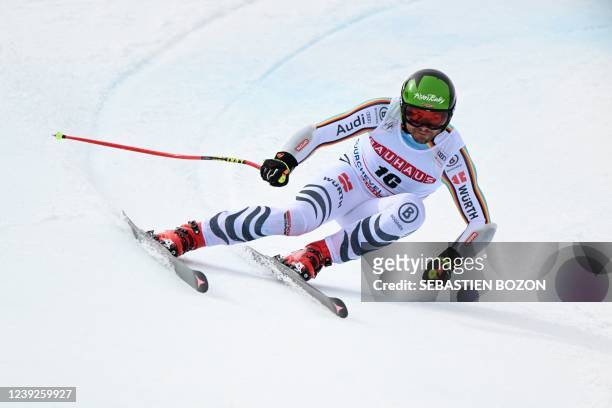 Germany's Andreas Sander competes during the Men's Super-G of the FIS Alpine Ski World Cup finals 2021/2022 in Courchevel, French Alps, on March 17,...