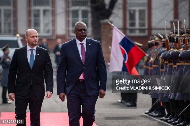 Secretary of Defence Lloyd Austin and Slovak Defence Minister Jaroslav Nad' review a military honour guard during an official welcome ceremony at the...