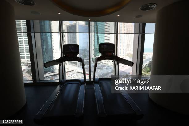 Picture shows the gym at the JW Marriott Marquis hotel in the Qatari capital Doha on March 16, 2022. - Fans have sought 17 million tickets for this...