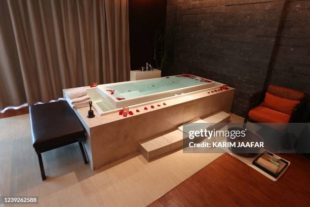 Picture shows a spa room at the JW Marriott Marquis hotel in the Qatari capital Doha on March 16, 2022. - Fans have sought 17 million tickets for...