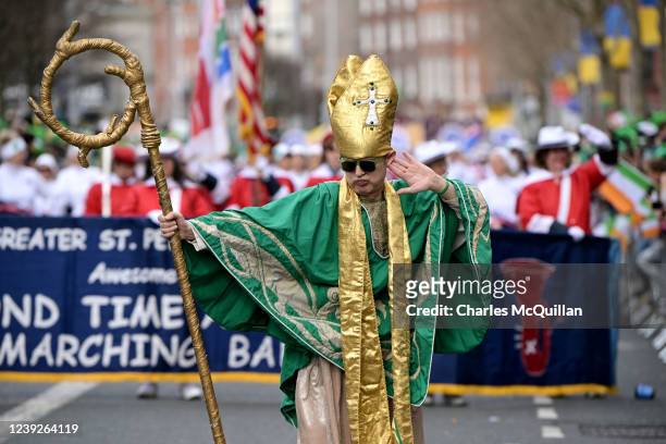 Performers take part in the St Patrick's Day parade on March 17, 2022 in Dublin, Ireland. St Patrick's Day celebrations return to the streets of...