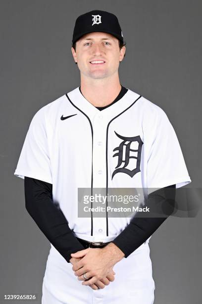 Casey Mize of the Detroit Tigers poses for a photo during the Detroit Tigers Photo Day at Joker Marchant Stadium on Wednesday, March 16, 2022 in...