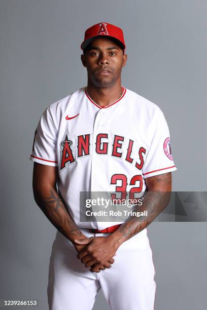 Raisel Iglesias of the Los Angeles Angels poses for a photo during the Los Angeles Angels Photo Day at Tempe Diablo Stadium on Wednesday, March 16,...