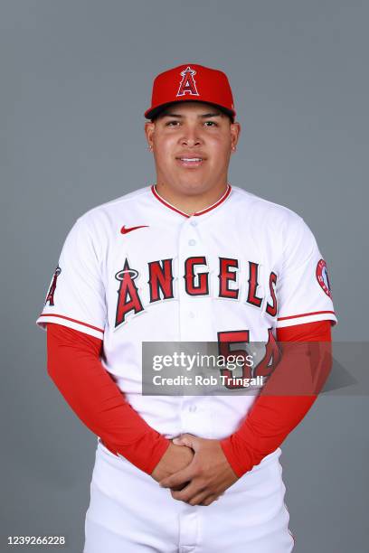 Jose Suarez of the Los Angeles Angels poses for a photo during the Los Angeles Angels Photo Day at Tempe Diablo Stadium on Wednesday, March 16, 2022...