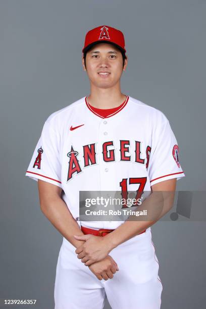 Shohei Ohtani of the Los Angeles Angels poses for a photo during the Los Angeles Angels Photo Day at Tempe Diablo Stadium on Wednesday, March 16,...