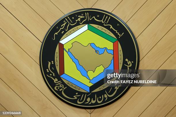 The logo of the Gulf Cooperation Council is seen at the council's headquarter in the Saudi capital Riyadh on March 17, 2022. - Gulf Arab countries...