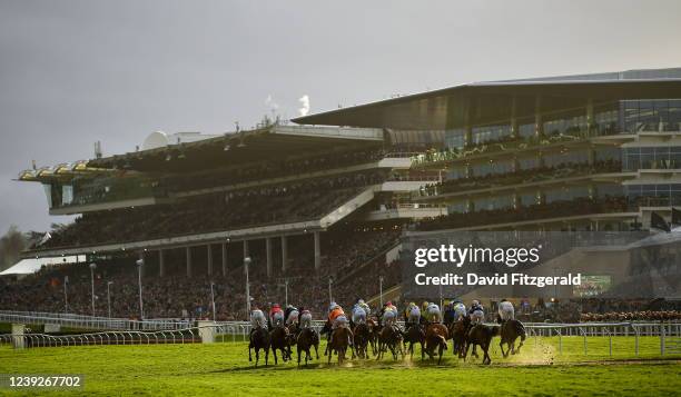 Gloucestershire , United Kingdom - 17 March 2022; Runners and riders in the Ryanair Mares' Novices' Hurdle on day three of the Cheltenham Racing...