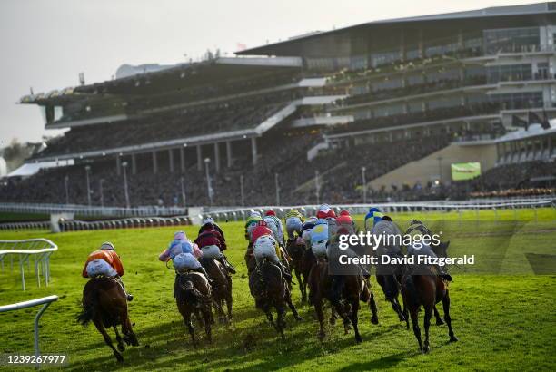 Gloucestershire , United Kingdom - 17 March 2022; Runners and riders in the Ryanair Mares' Novices' Hurdle on day three of the Cheltenham Racing...